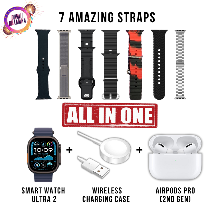 TechFlex 7-in-1 Combo | New Ultra Smart Watch 2 | Wireless Charger | AirPods Pro (2nd Gen) | 7 Amazing Multicolored Straps | Diwali Offer
