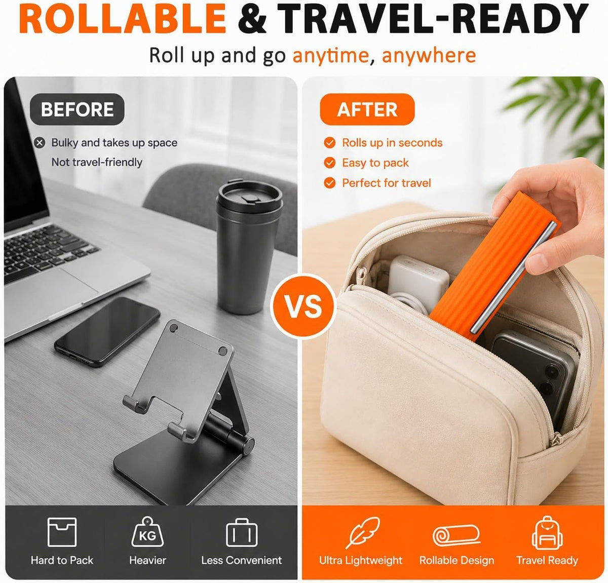 Foldable Silicone Phone Stand| Adjustable Mobile Phone Holder with Anti-Slip Base| Flexible Desktop Stand for Smartphones| Portable Phone Mount for Home| Office, Travel & Video Calls (Orange, 1 Pack)