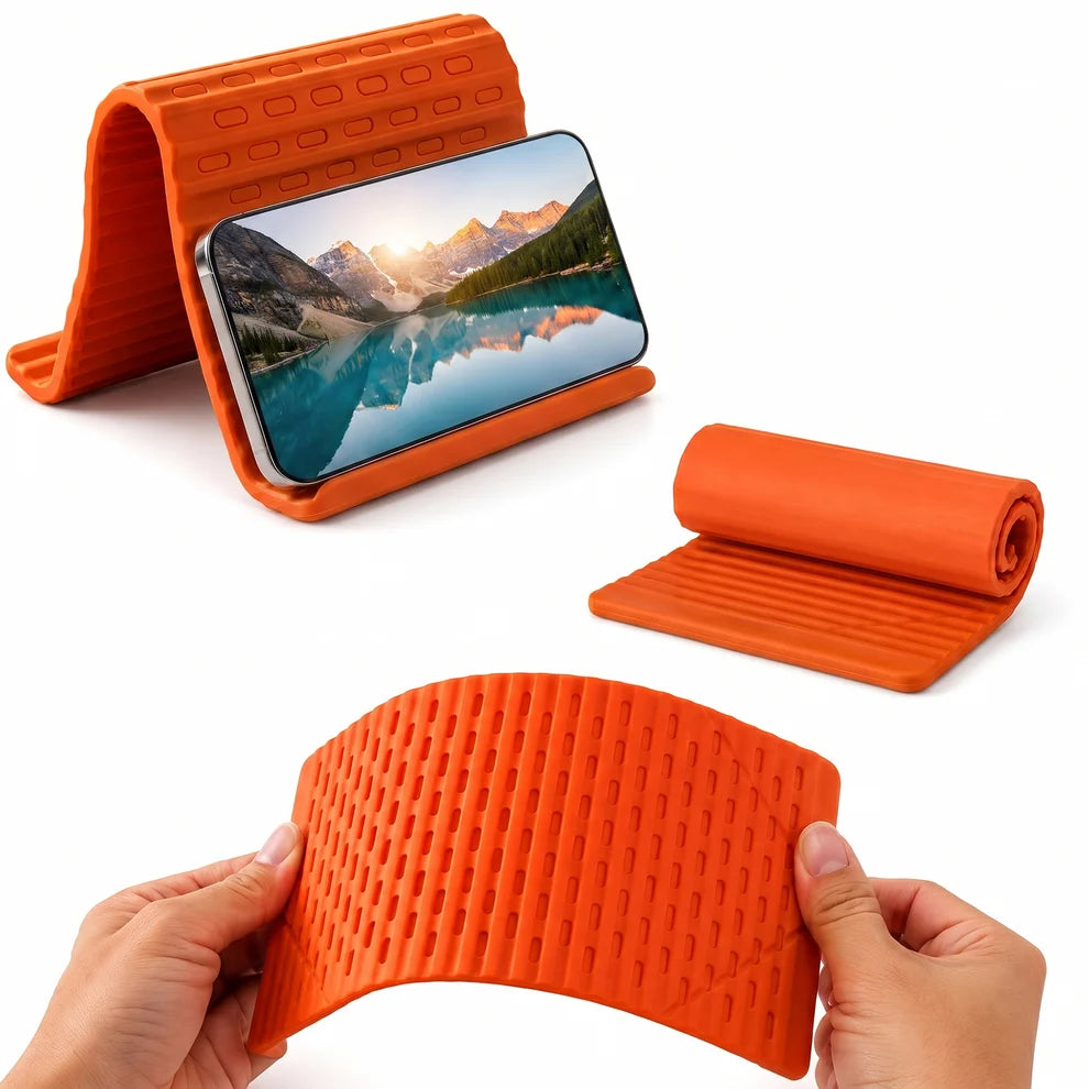 Foldable Silicone Phone Stand| Adjustable Mobile Phone Holder with Anti-Slip Base| Flexible Desktop Stand for Smartphones| Portable Phone Mount for Home| Office, Travel & Video Calls (Orange, 1 Pack)
