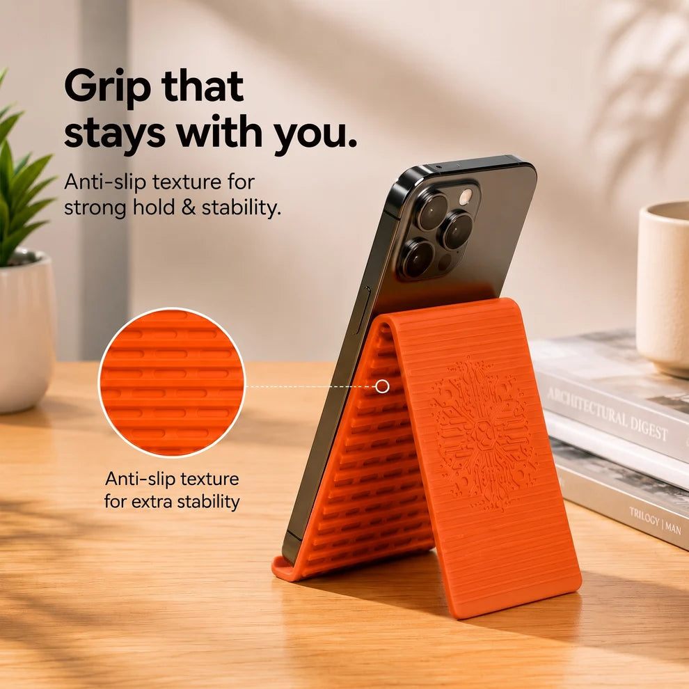 Foldable Silicone Phone Stand| Adjustable Mobile Phone Holder with Anti-Slip Base| Flexible Desktop Stand for Smartphones| Portable Phone Mount for Home| Office, Travel & Video Calls (Orange, 1 Pack)