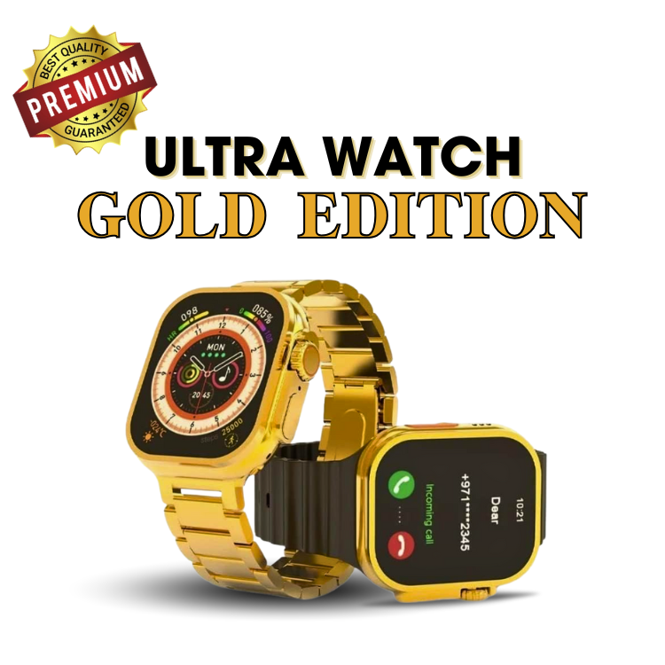 Premium 24K Ultra Watch Gold Edition | Full HD Display | Bluetooth Calling | Wireless Charger | Unlimited Watch Faces | Multiple Sports Mode