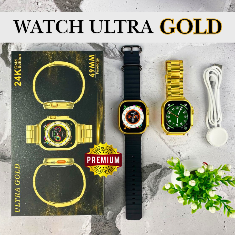 Premium 24K Ultra Watch Gold Edition | Full HD Display | Bluetooth Calling | Wireless Charger | Unlimited Watch Faces | Multiple Sports Mode