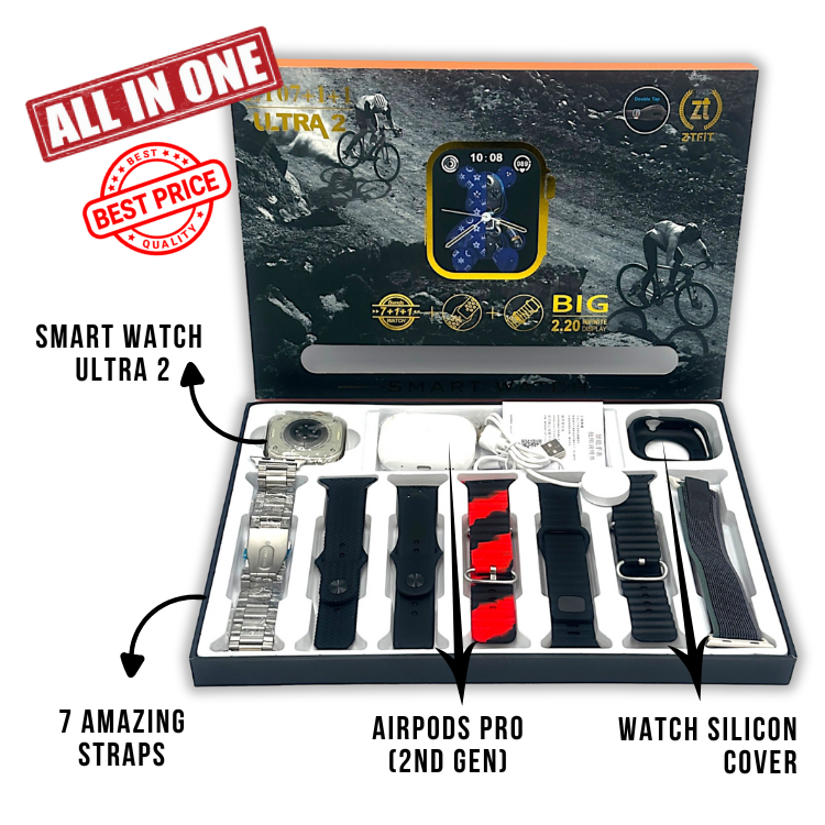 TechFlex 7-in-1 Combo | New Ultra Smart Watch 2 | Wireless Charger | AirPods Pro (2nd Gen) | 7 Amazing Multicolored Straps | Diwali Offer