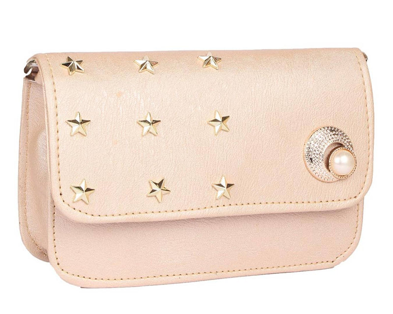 Faux Leather Cream Embellished Magnetic Snap Sling Bag
