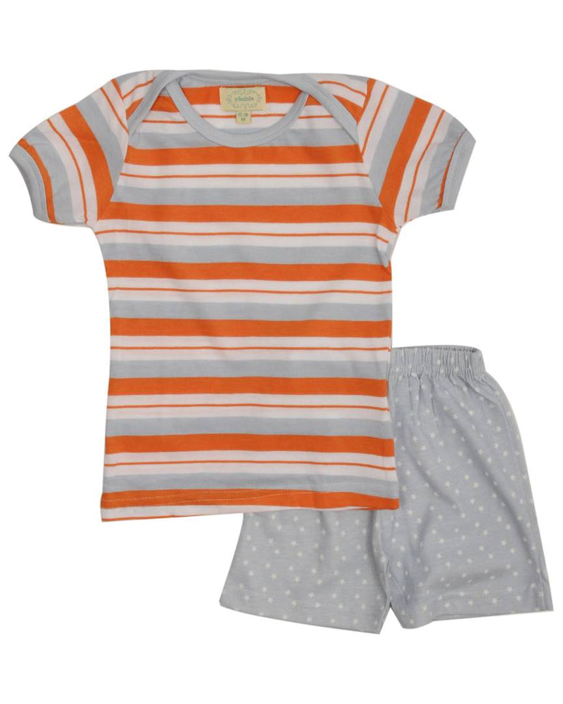Orange Striped T Shirt With Star Printed Shorts  (3-6  Months)