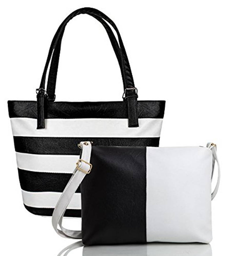 Black Striped  Handbag with Sling Bag