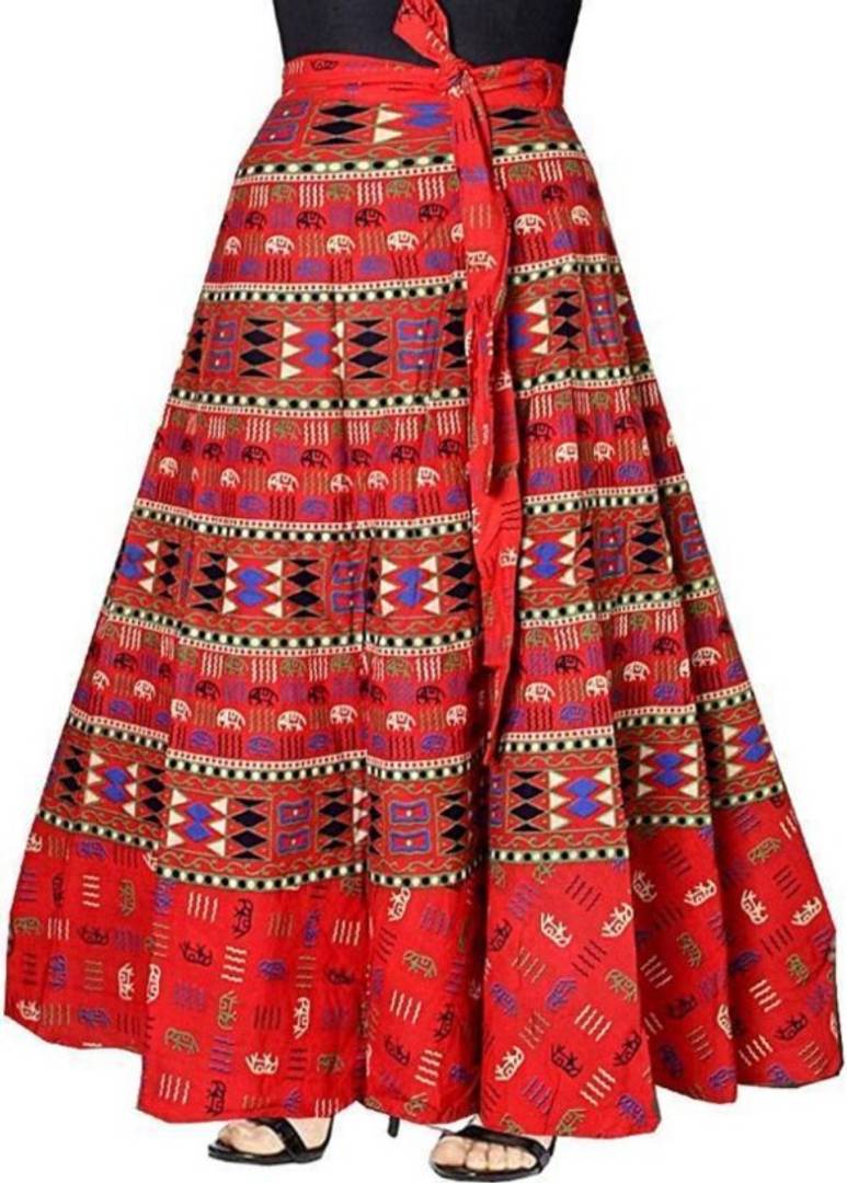 Cotton Gold printed long Skirt for Women's-Red.