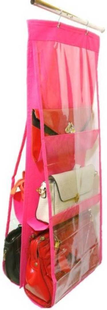 6 Pocket Large Clear Purse Handbag Hanging Storage Bag Rack Hangers Holder  (Pink)