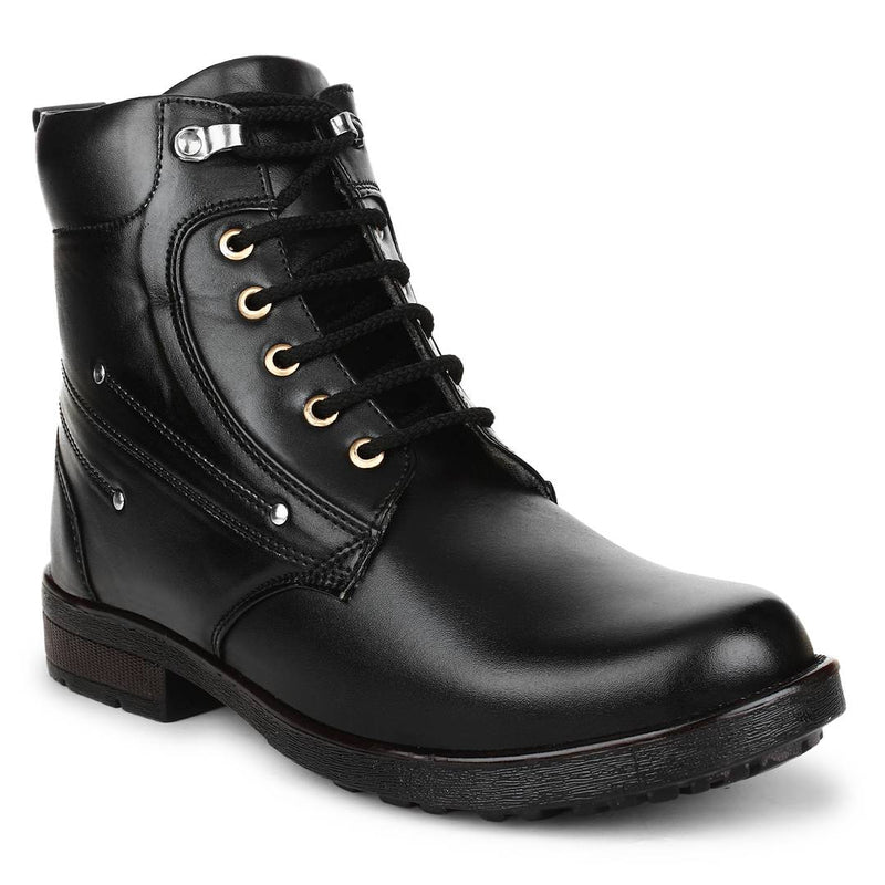 Black Heeled Synthetic Leather Boots For Men