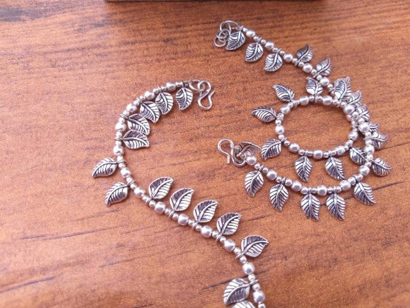 Leaf Oxidized Silver Anklet Pair for Women
