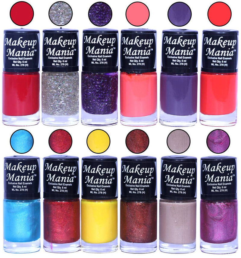 HD Colors Nail Polish Set Of 12 Pieces, Perfect Gift For Girls (Red, Silver Glitter, Blue Sparkle, Peach, Purple, Blue, Copper, Yellow, Nude)