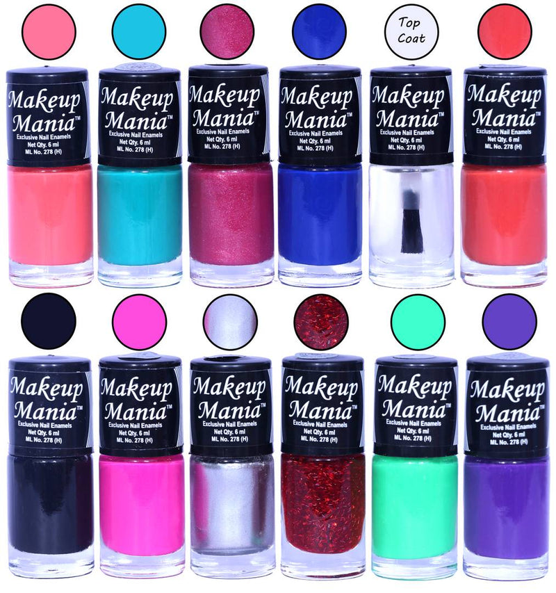 HD Colors Nail Polish Set Of 12 Pieces, Perfect Gift For Girls (Carrot Pink, Turquoise, Blue, Top Coat, Orange, Black, Pink, Silver, Red Glitter, Sea Green, Purple)