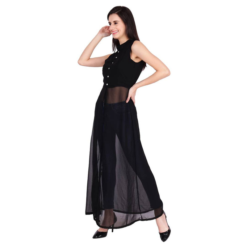Black Mandarin Collar Sleeveless Maxi A-Line Dress