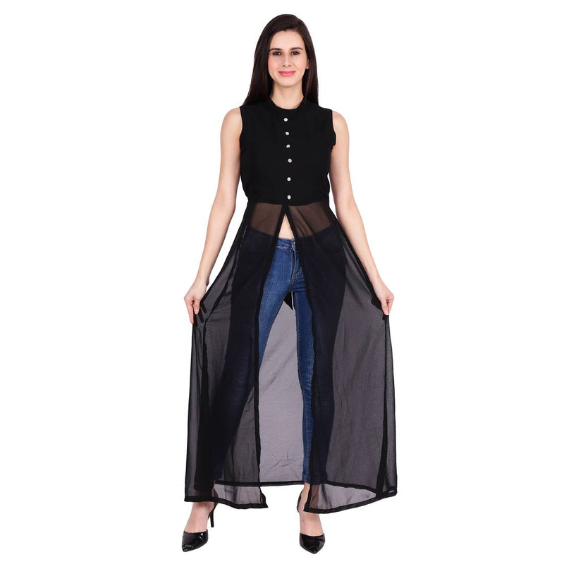 Black Mandarin Collar Sleeveless Maxi A-Line Dress