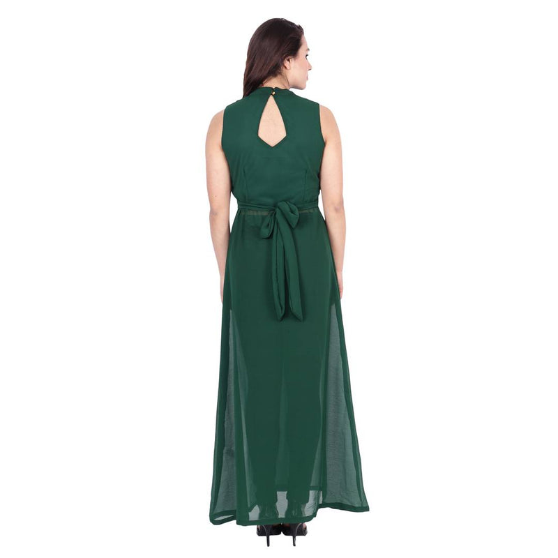 Mandarin Collar Green Color Sleeveless Full Length Maxi Dress