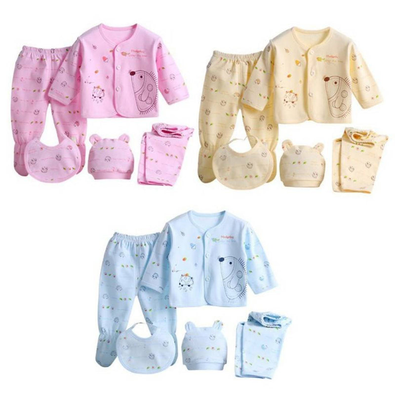 Baby Infant 5pcs Cotton Clothing Set (Cap+Bib+Pajamas Suit+Pants) Newborn Caring Gift 0-3 Months (SET OF 1)