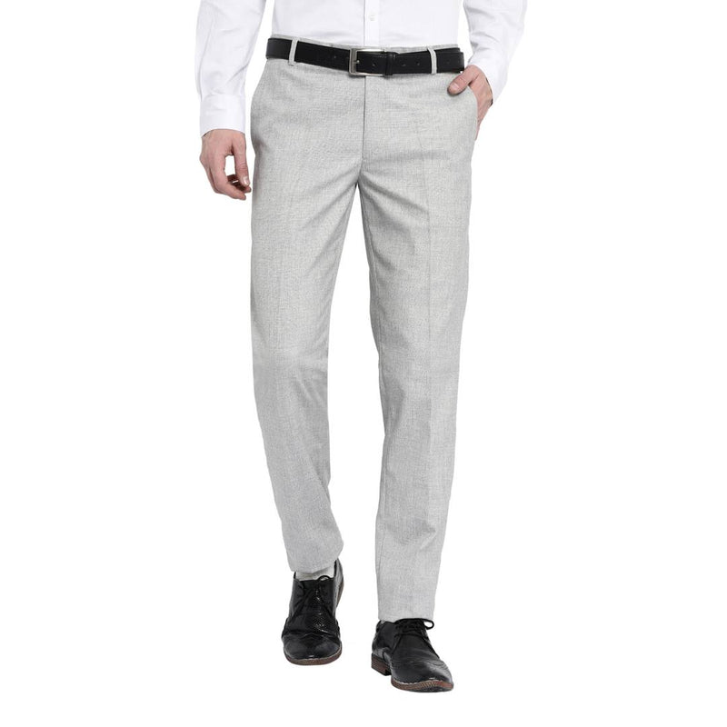 Men's Off White Polyester Blend Solid Mid-Rise Formal Trouser