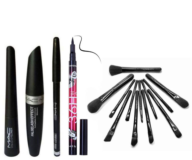 M.A.C Ultimate Combo Of Face Makeup Brushes Set Of 12 & Mascara, Liquid Eyeliner, Eyebrow Pencil With 36 Hour Pen Eyeliner