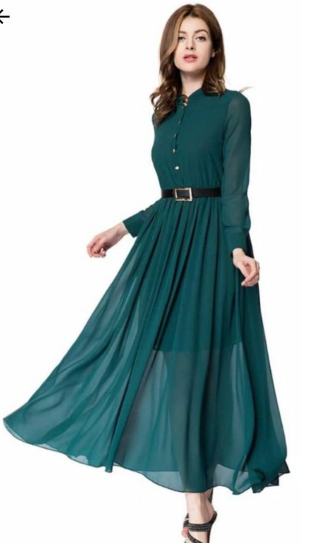 Green Solid Collar Long Maxi Dress with Belt