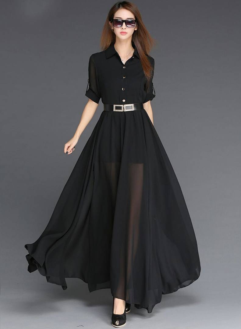 Georgette Black Solid Maxi Long Dress