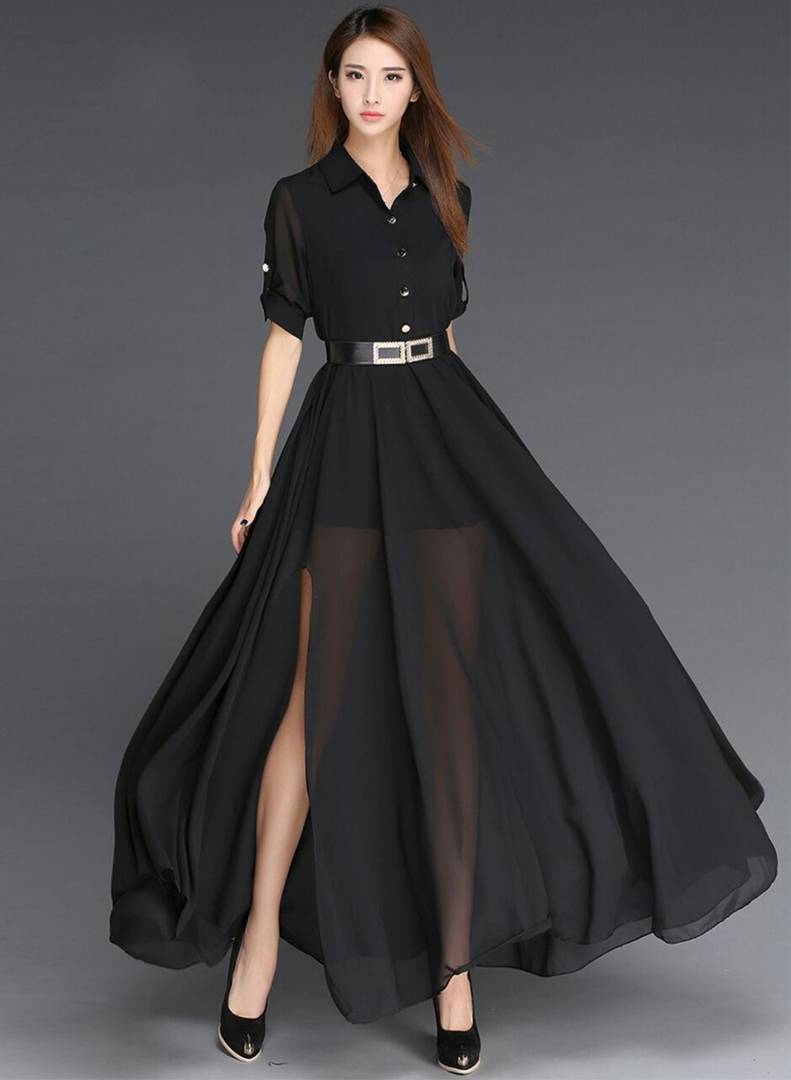 Georgette Black Solid Maxi Long Dress