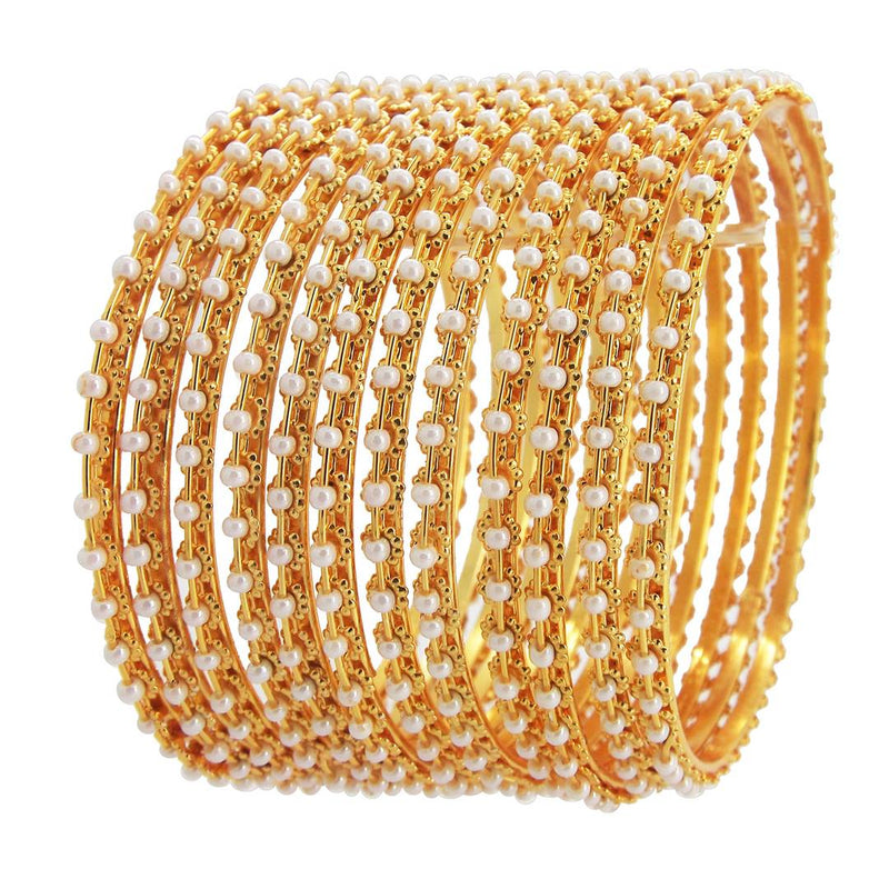 Sleek Gold Plated 12pc White Beads Bangle
