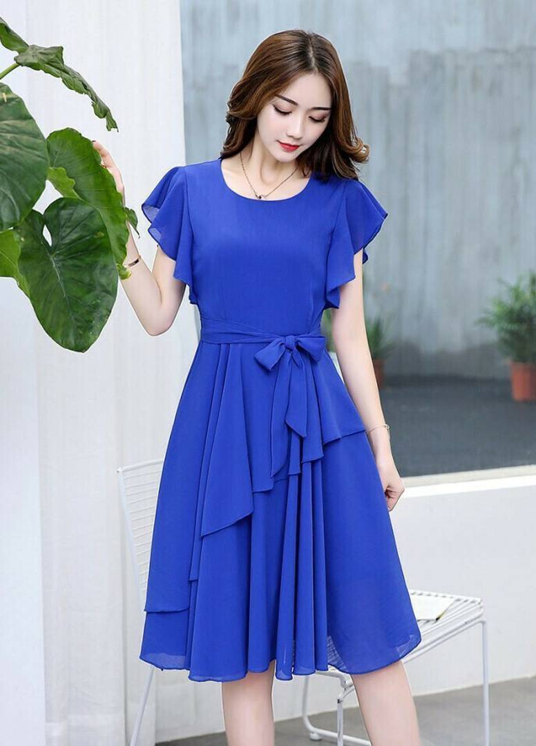 Women's Blue Georgette Solid knee Length Dress