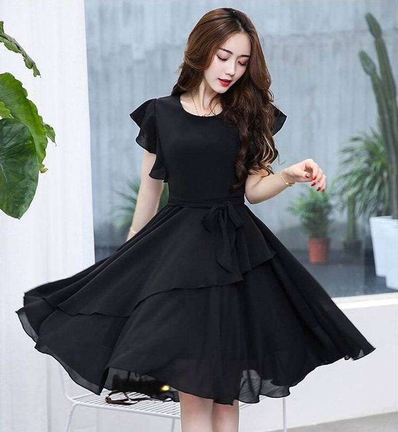 Women's Black Georgette Solid Mini Length Dress
