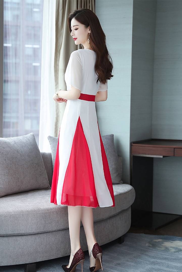 Women's White Georgette Self Pattern Midi Length Dress