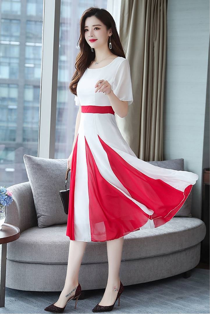 Women's White Georgette Self Pattern Midi Length Dress