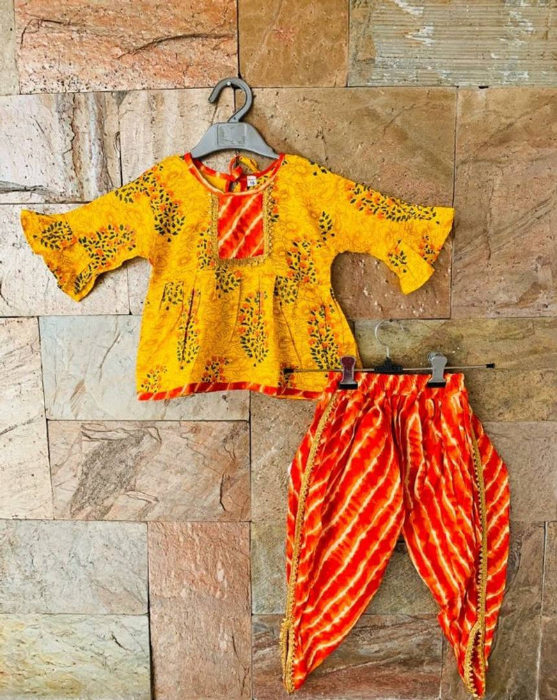 Designer Yellow Peplum Orange Dhoti Set For Girls