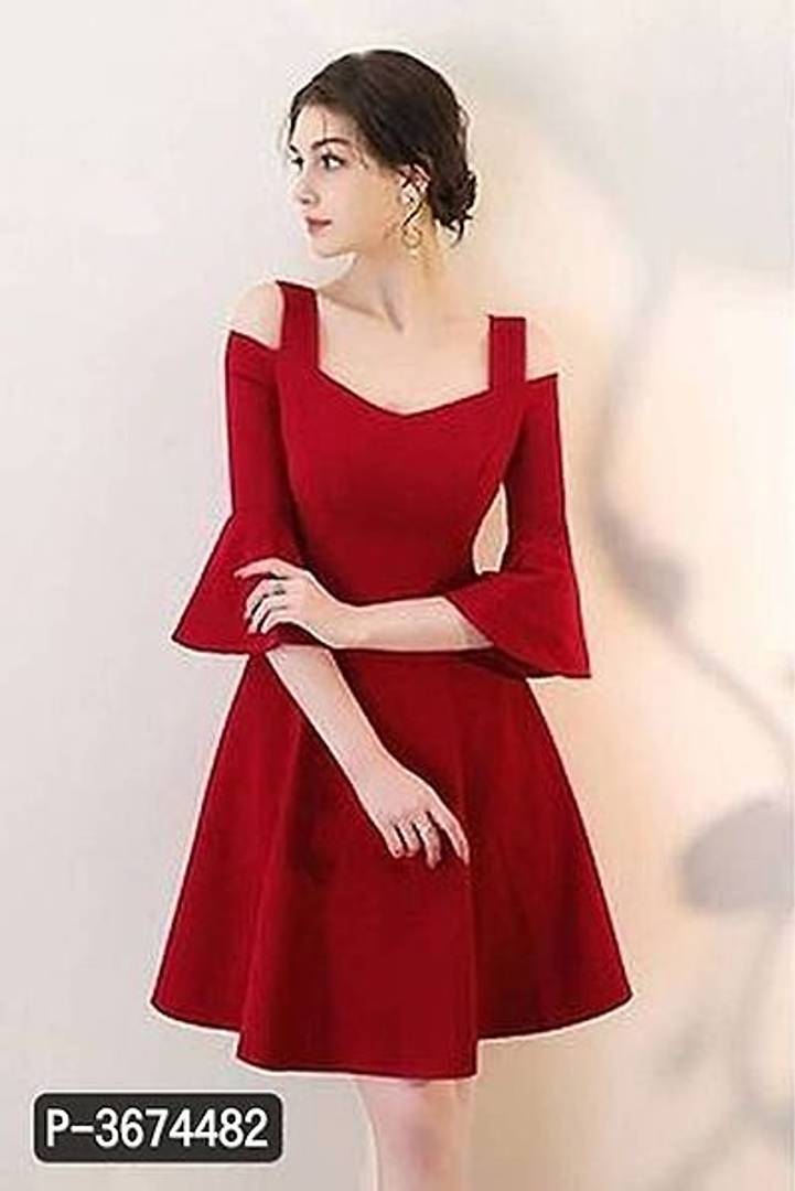 Women Red Bell Sleeve Cold Sholder Hosery Short Dress