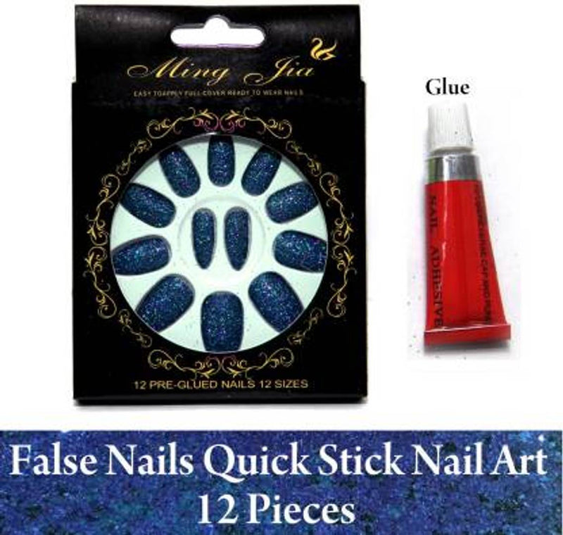 Blue False And Fake Nail Easy Quick Nail Art With Glue Royal Blue  (Pack of 12)