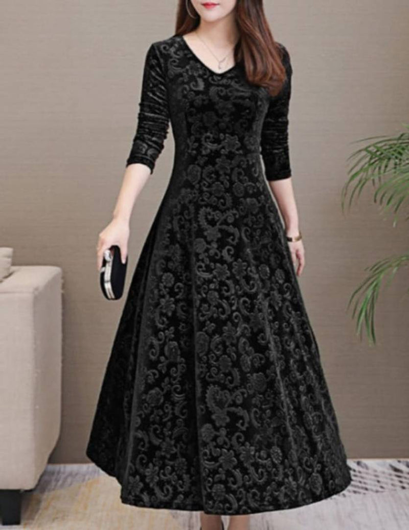 Black Self Pattern Velvet Long Maxi Dress