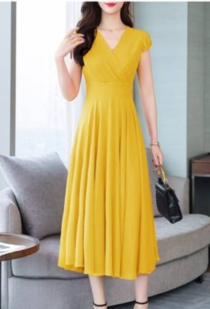 Yellow Georgette Solid A-Line Long Maxi Dress