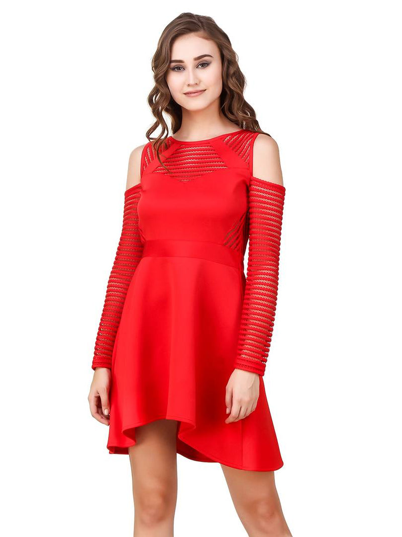 Women's Red Polyester Solid Mini Length Dress
