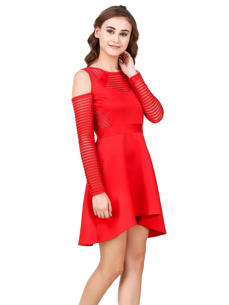 Women's Red Polyester Solid Mini Length Dress