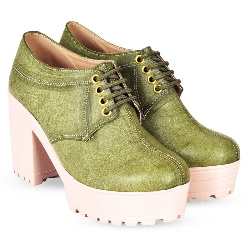 Women Trendy Green Synthetic Solid Heeled Boots