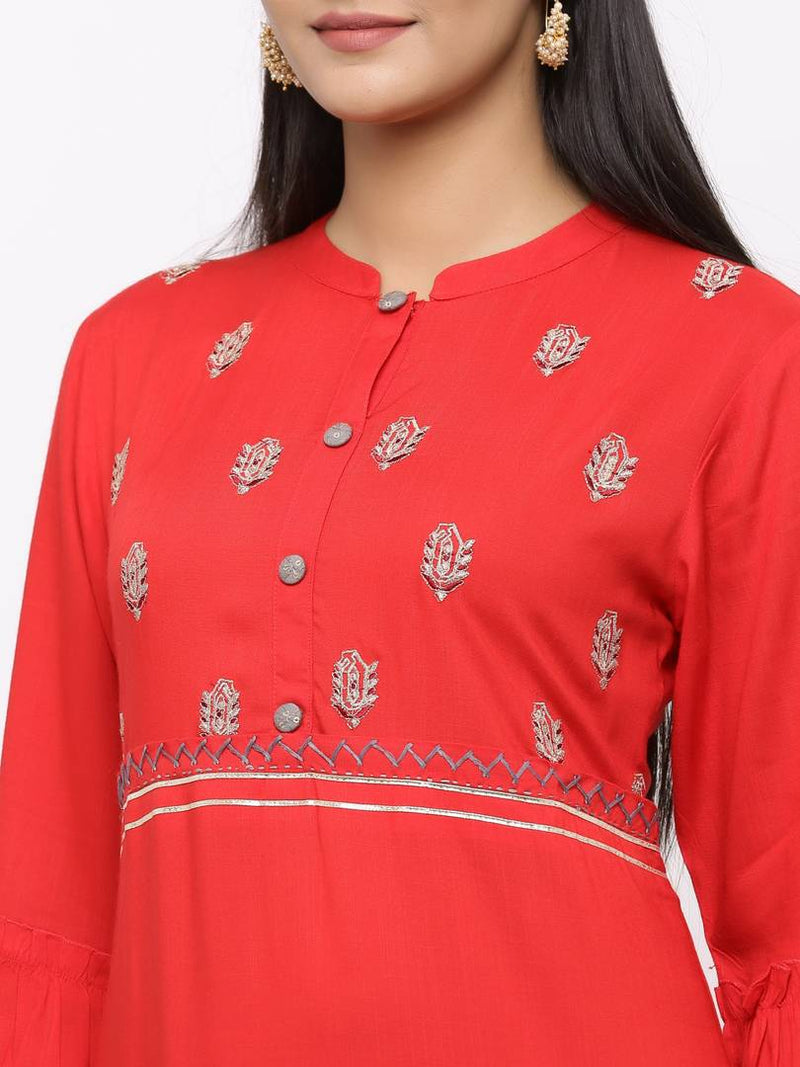 Adorable Red Rayon Slub Embroidered Layered Long Gown
