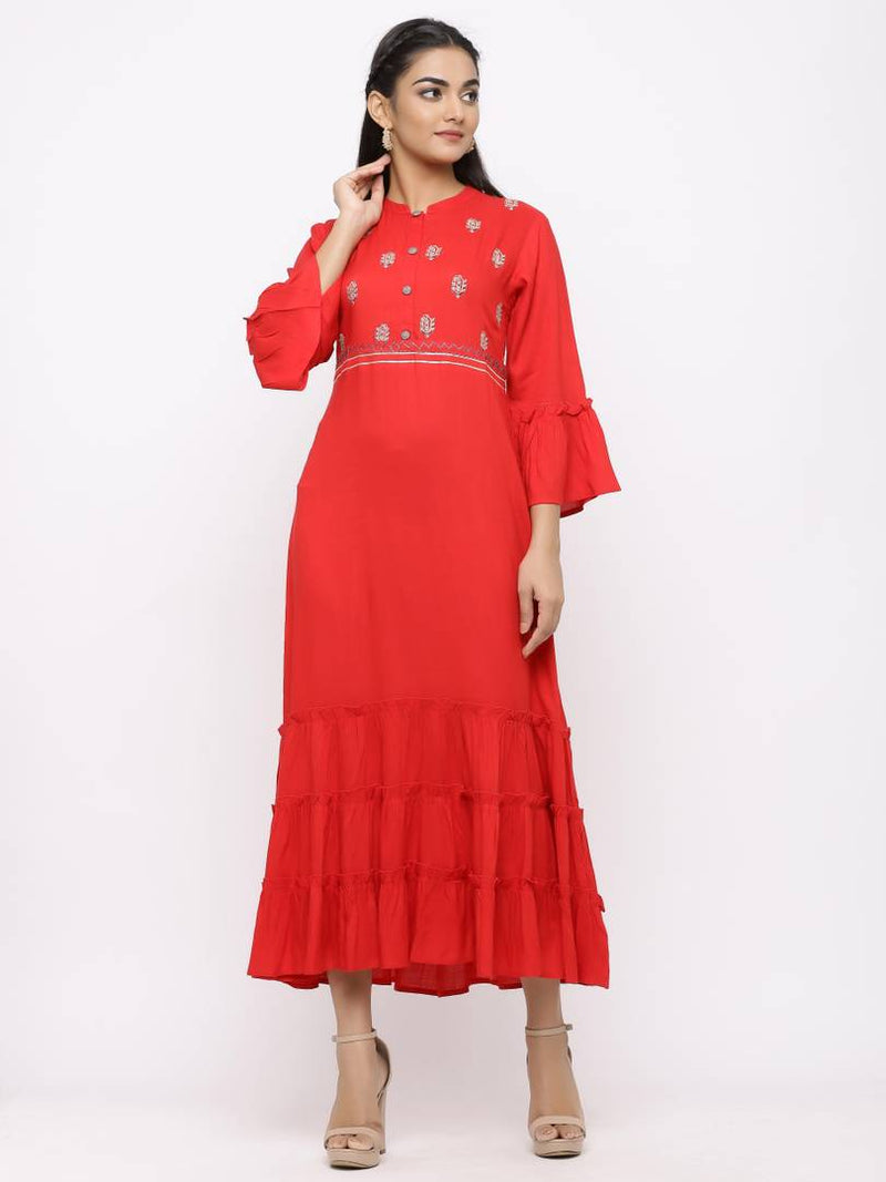 Adorable Red Rayon Slub Embroidered Layered Long Gown
