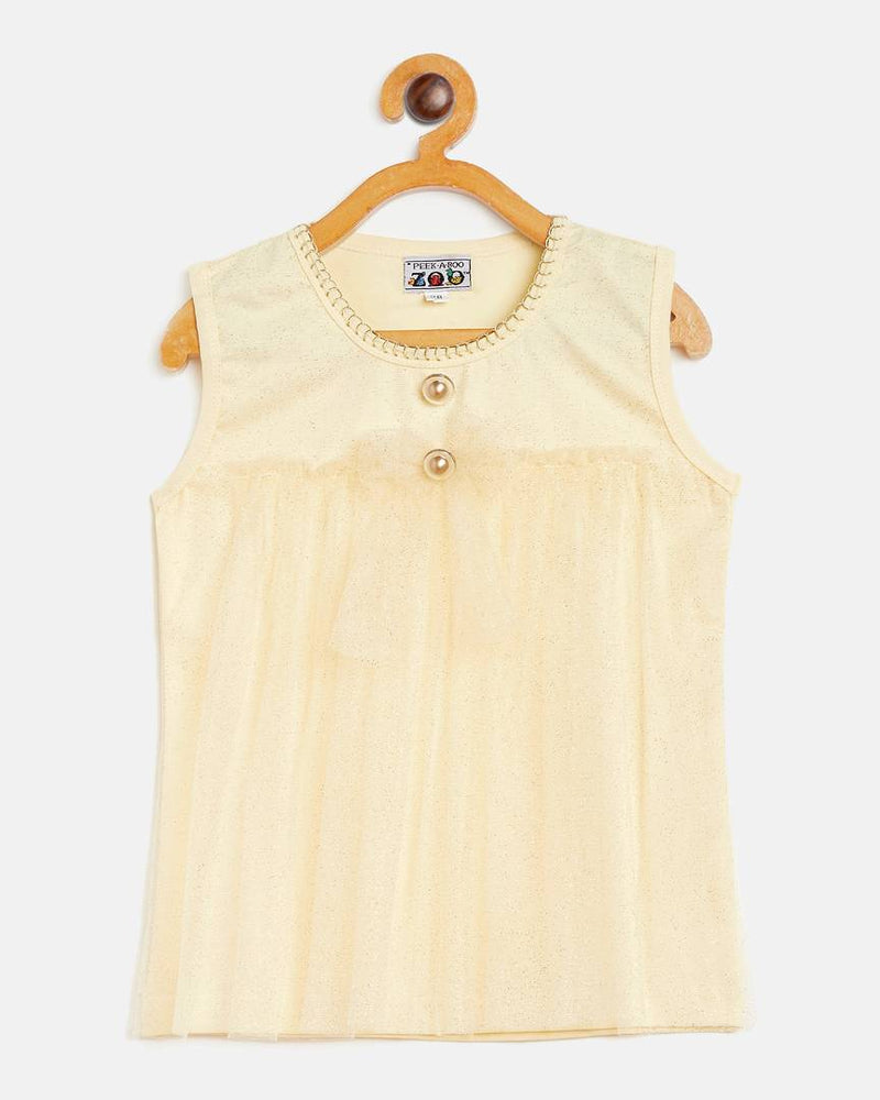Girls Yellow Blanket stitched Round Neck Textured Sleeveless Casual/Partywear Top