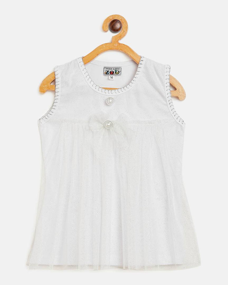 Girls White Blanket stitched Round Neck Textured Sleeveless Casual/Partywear Top