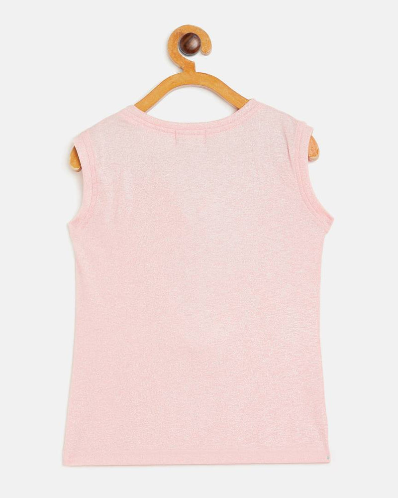 Girls Peach Polyester Lurex Blend Cowl Neck Textured Sleeveless Partywear Top