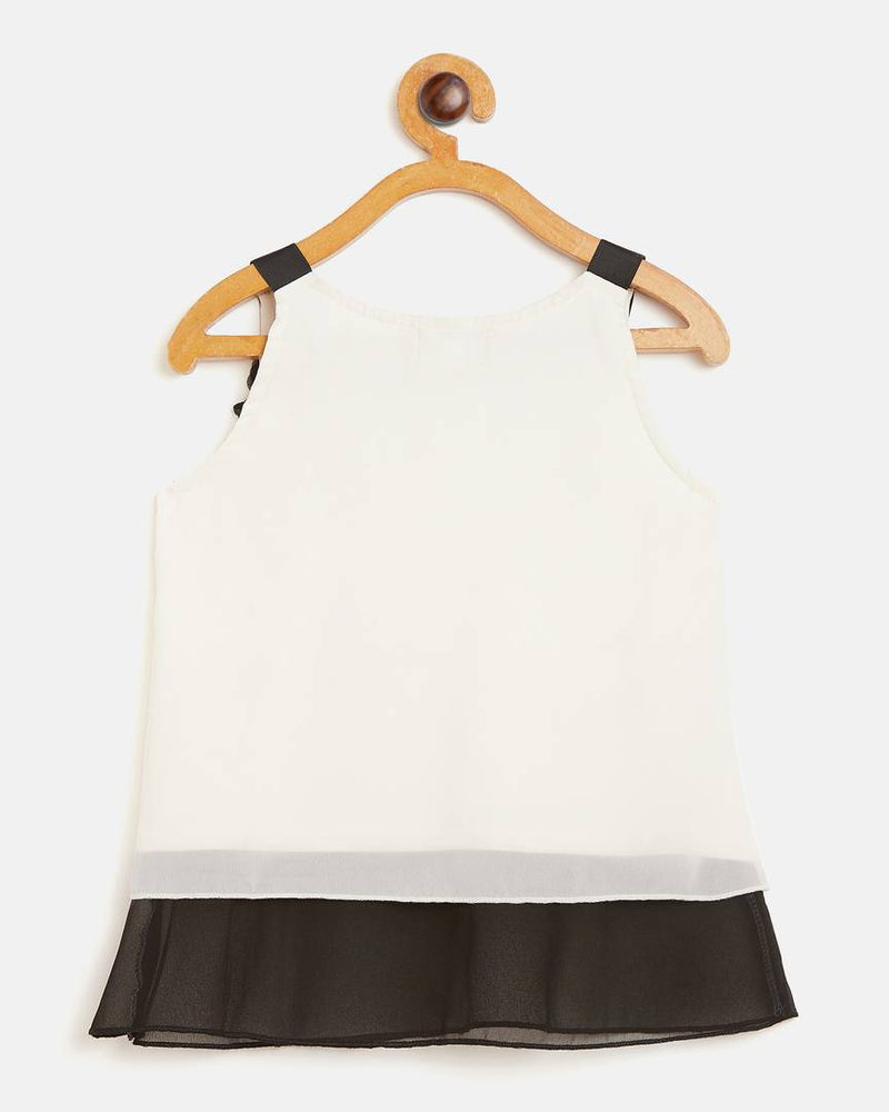 Girls Cream and Black Georgette Round Neck Colourblocked Sleeveless Partywear Top