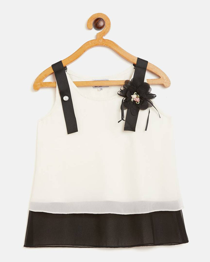 Girls Cream and Black Georgette Round Neck Colourblocked Sleeveless Partywear Top