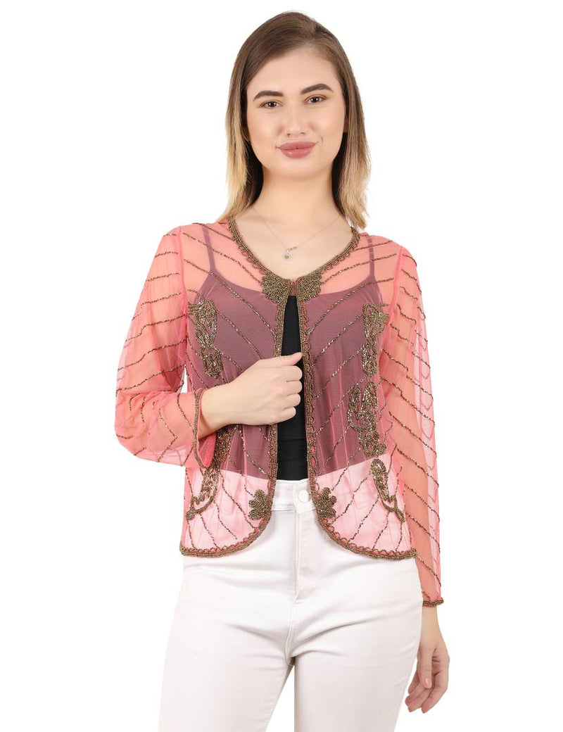 Stylish Net Embellished Jacket Style Full Sleeve Pink Shrug For Women