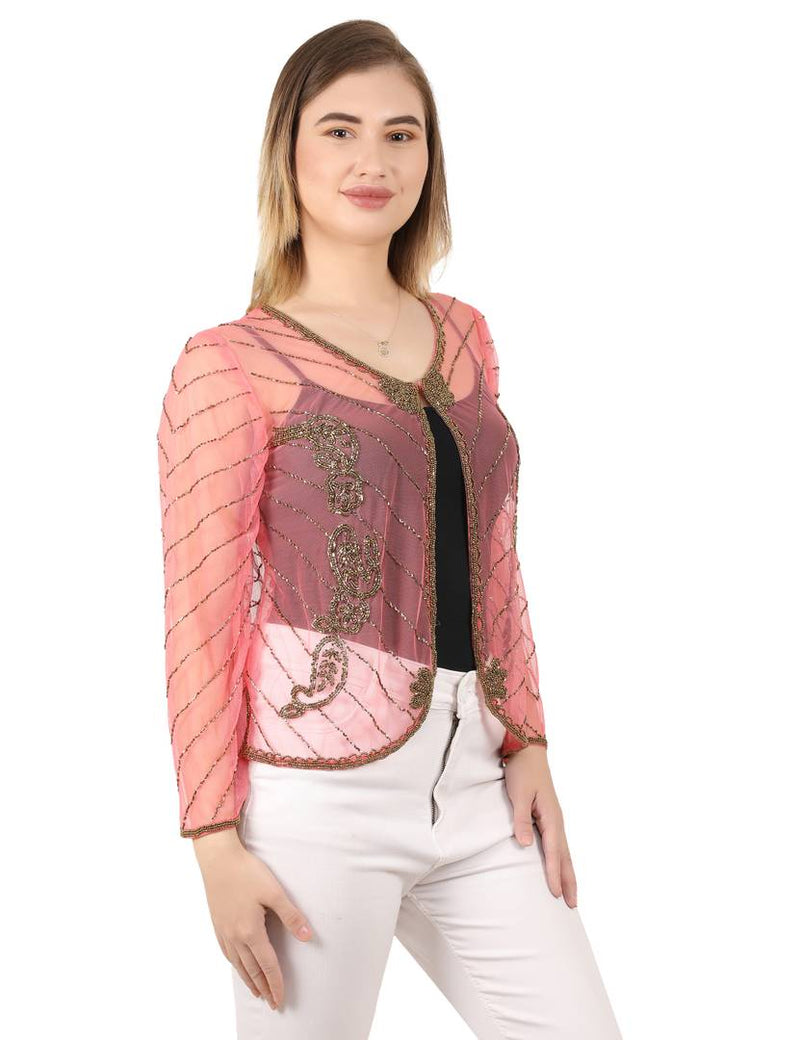 Stylish Net Embellished Jacket Style Full Sleeve Pink Shrug For Women
