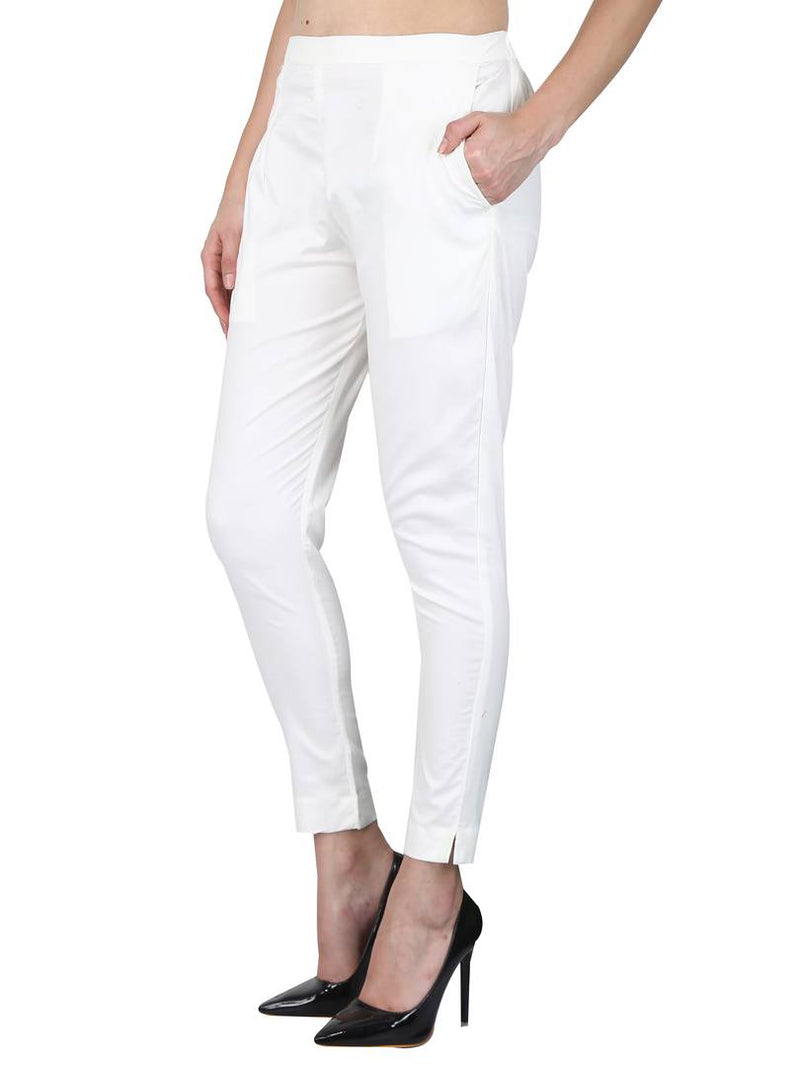 Fashionable Off White Rayon Lycra Solid Ethnic Pant For Women
