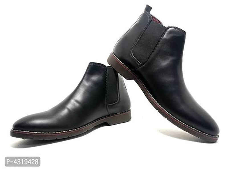 Stunning Black Synthetic Leather Solid Heeled Boots For Men