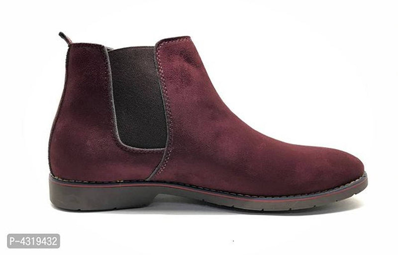Stunning Maroon Synthetic Suede Solid Heeled Boots For Men